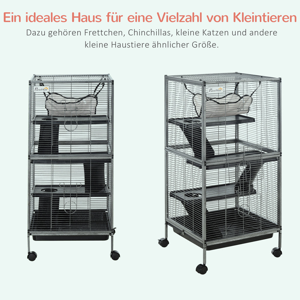 PawHut Kleintierkäfig, Rollbarer Nagerkäfig, 3-stöckiger Tierkäfig mit Hängematten 2 Türen, Metall, Stahl, 52 x 52 x 113,5 cm