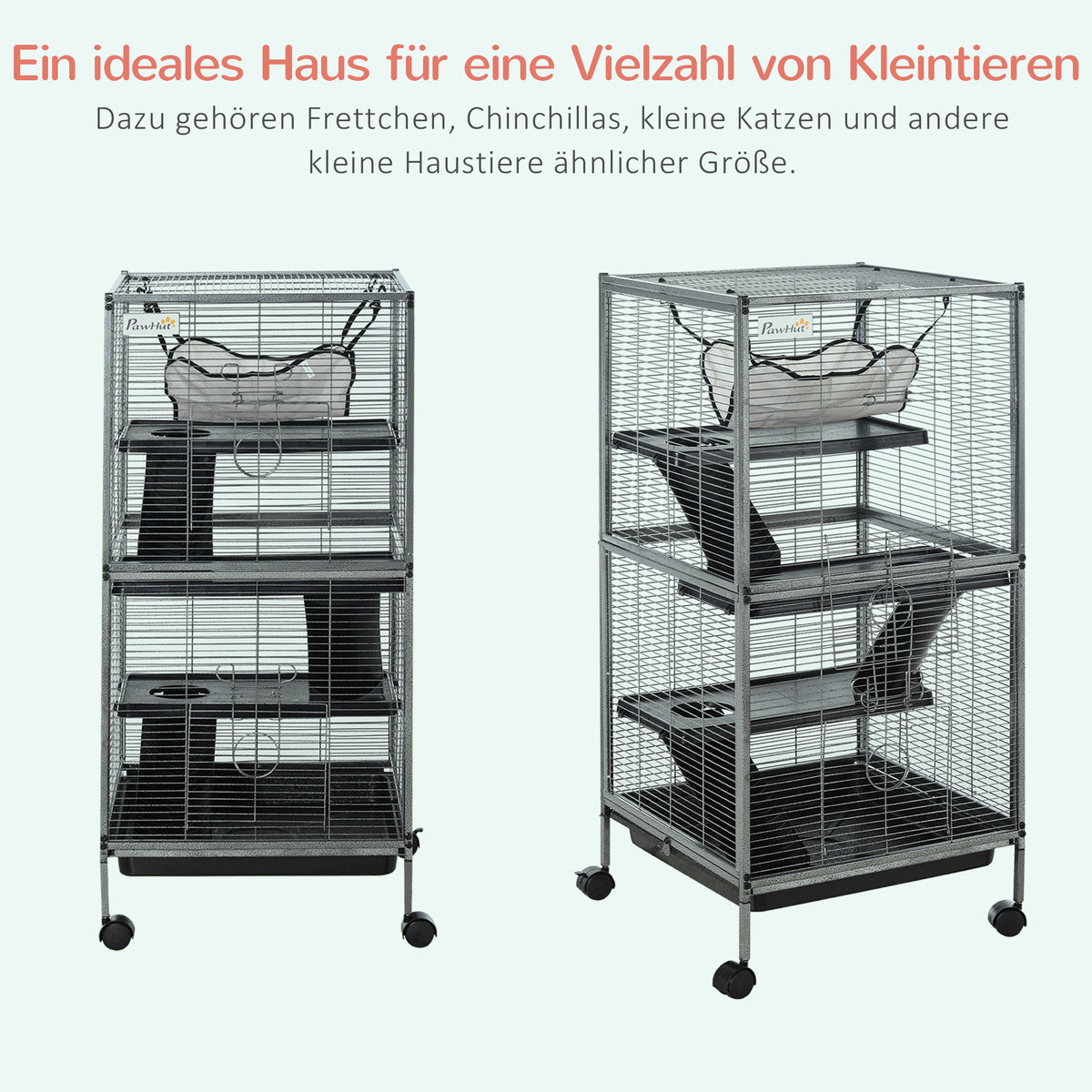 PawHut Kleintierkäfig, Rollbarer Nagerkäfig, 3-stöckiger Tierkäfig mit Hängematten 2 Türen, Metall, Stahl, 52 x 52 x 113,5 cm