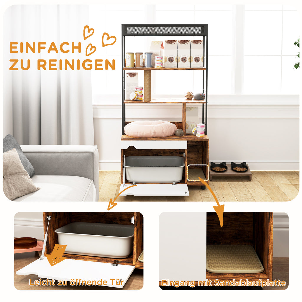 PawHut Katzentoilette mit 3-Ebenen-Regal und Kratzpfosten, geschlossenes Katzenklo, 80 x 48 x 152 cm, Braun