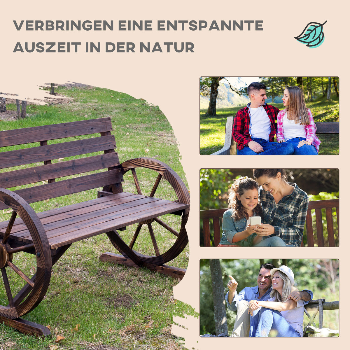 Outsunny Gartenbank 2-Sitzer Sitzbank Holzbank Wagenrad mit Armlehne Landhausstil Tannenholz Braun 105,5 x 59 x 75 cm