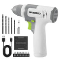 WORKPRO 8V Cordless Drill Driver Set – 2Ah Battery, 3/8″ Keyless Chuck, 15 Bits, and USB-C Charging Cable