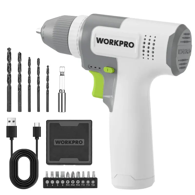 WORKPRO 8V Cordless Drill Driver Set – 2Ah Battery, 3/8″ Keyless Chuck, 15 Bits, and USB-C Charging Cable