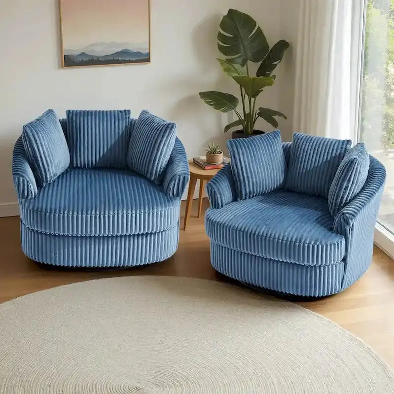 Set of Two Plush Corduroy Swivel Barrel Chairs – 43″ Wide with Decorative Pillows