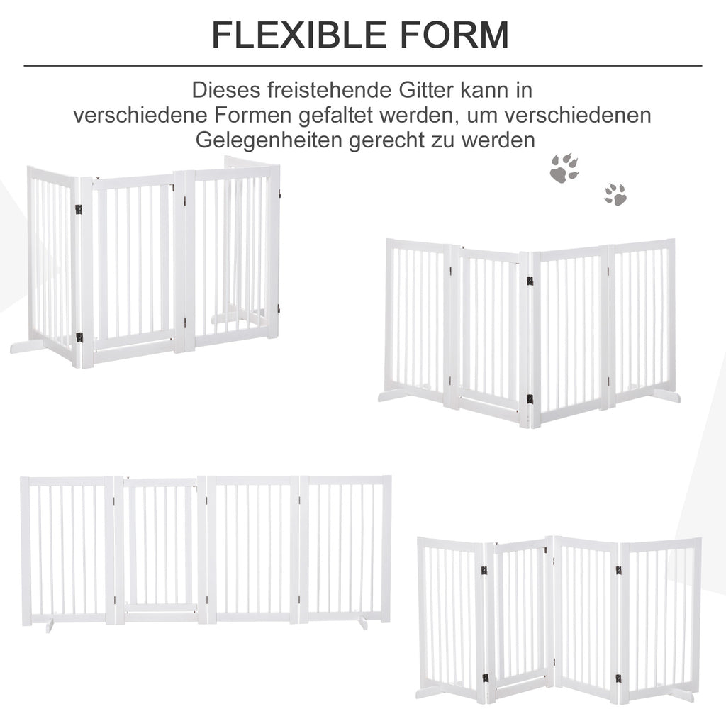 PawHut Absperrgitter Hund 4-teilig, 204 x 75 cm Faltbar Türschutzgitter mit Tür, Freistehend Hundegitter mit 2 Stützfüßen, Treppengitter aus Holz für Flur, Küche, Treppe, Weiß