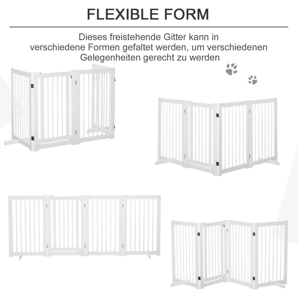 PawHut Absperrgitter Hund 4-teilig, 204 x 75 cm Faltbar Türschutzgitter mit Tür, Freistehend Hundegitter mit 2 Stützfüßen, Treppengitter aus Holz für Flur, Küche, Treppe, Weiß