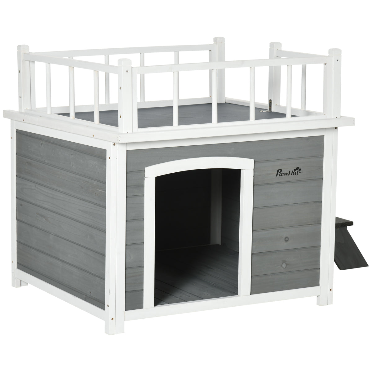 PawHut Hundehütte, Dachterrasse, Treppe, Fenster, Bodenabstand, Naturholz, hellgrau, 121 x 77 x 78cm
