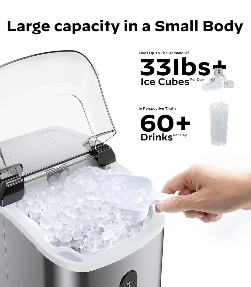 Silonn Nugget Ice Maker — 33 lbs/24H Chewable Pellet Ice Machine with Auto-Clean Function for Kitchen, Office, or Bar