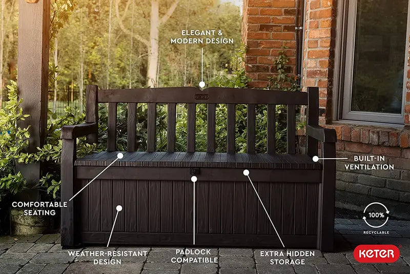 Keter Solana 70-Gallon Outdoor Storage Bench – Weather-Resistant Deck Box for Patio & Garden Gear