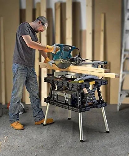 Keter Folding Workbench Table – Miter Saw Stand with Clamps & Compact Garage Storage
