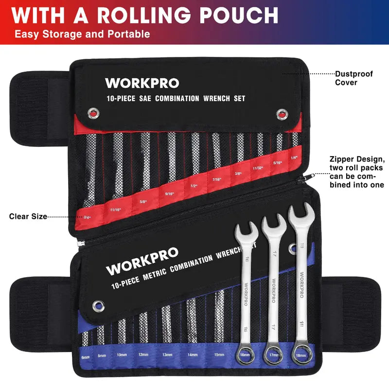 WORKPRO 20-Piece Cr-V Combination Wrench Set – Metric (6–18mm) & SAE (1/4″–3/4″) 12-Point