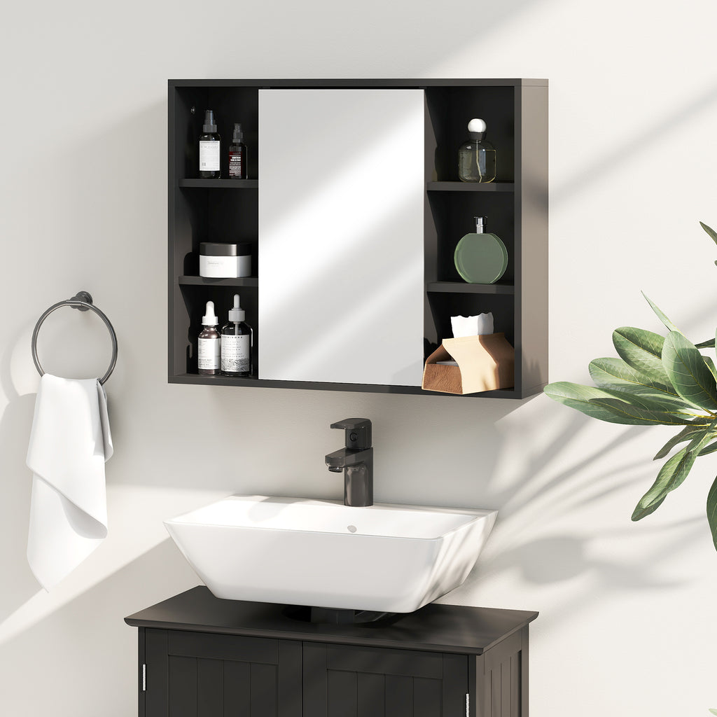 HOMCOM Badezimmerschrank mit Spiegel, Schrank mit Türen und 6 offenen Fächern, 60 x 14,5 x 49,4 cm, Schwarz