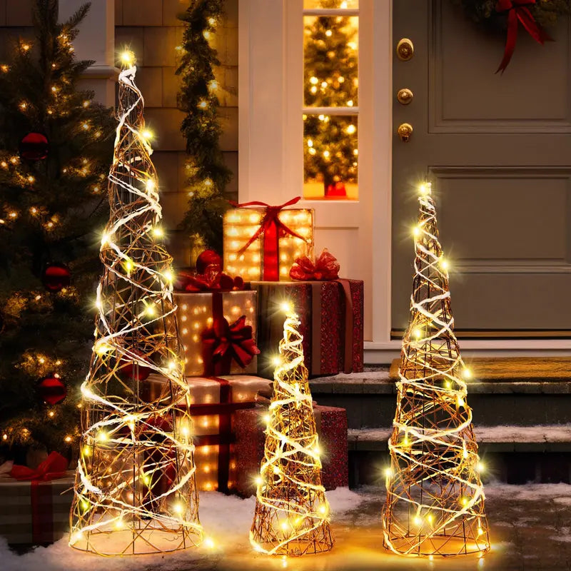 Set of Three Tapered Indoor Christmas Cone Trees — 32″, 24″, and 16″ with Warm White LED Lights
