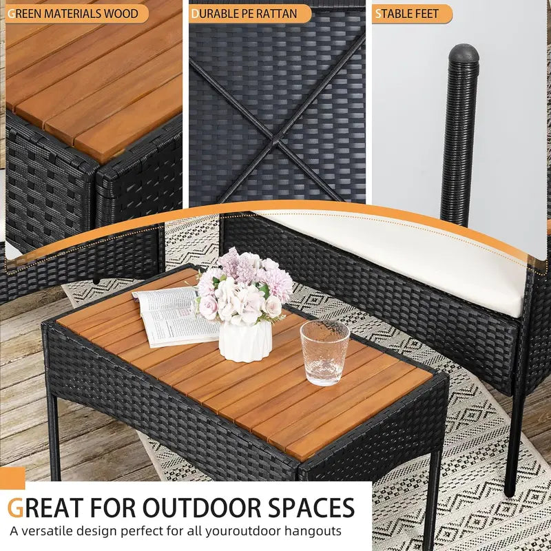 Shintenchi 4-Piece Wicker Patio Set – Outdoor Conversation Furniture with Wooden Table & White Cushions