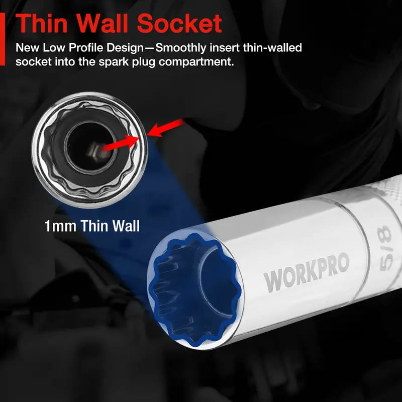 WORKPRO 5/8″ Thin-Wall Magnetic Spark Plug Socket – 3/8″ Drive, 4″ Reach
