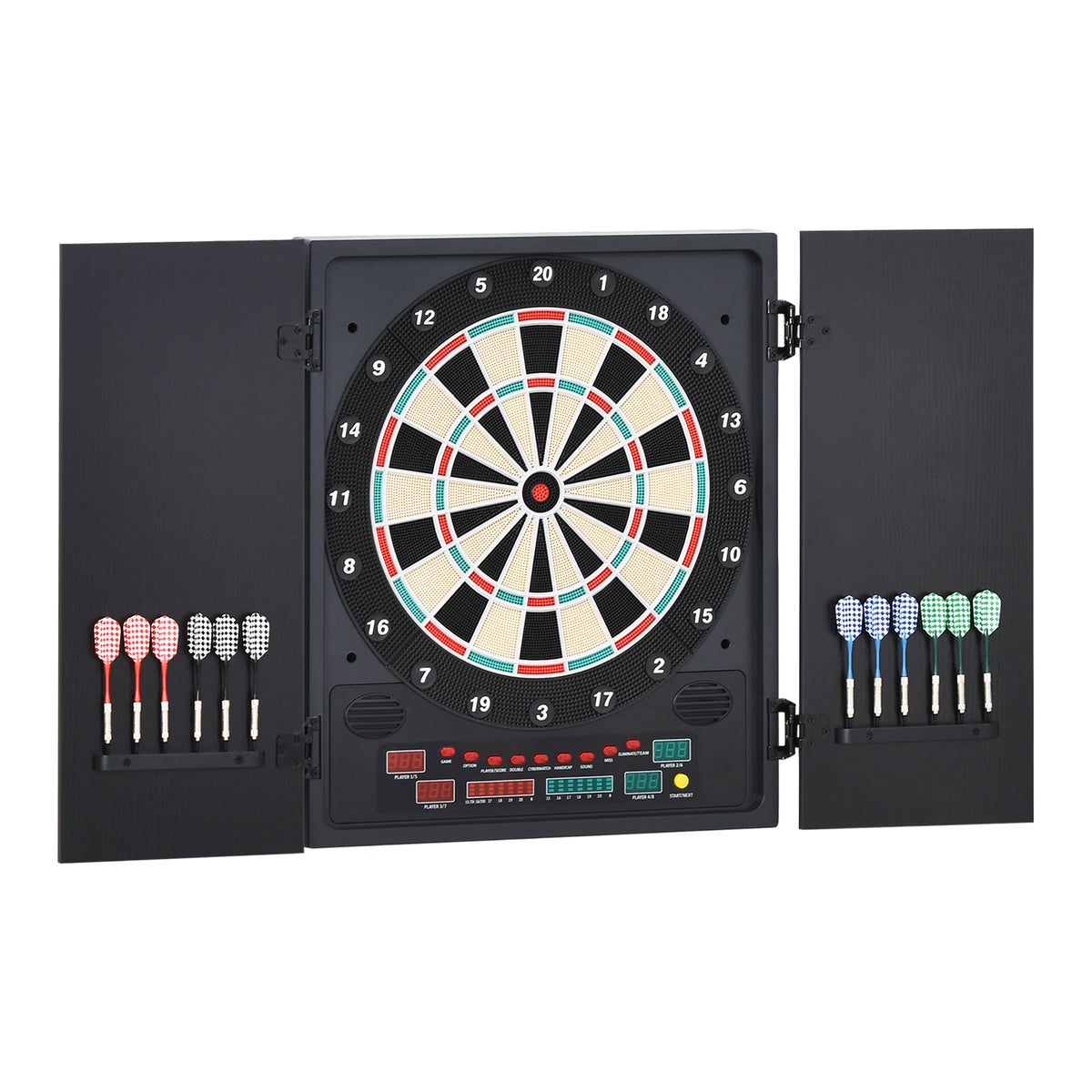 HOMCOM Elektronische Dart-set mit Tür Dartboard Dartscheibe mit automatischer Wertung Soundeffekte 12 Darts 27 Spiele und 202 Trefferoptionen für 8 Spieler 57 x 51 x 6,5 cm