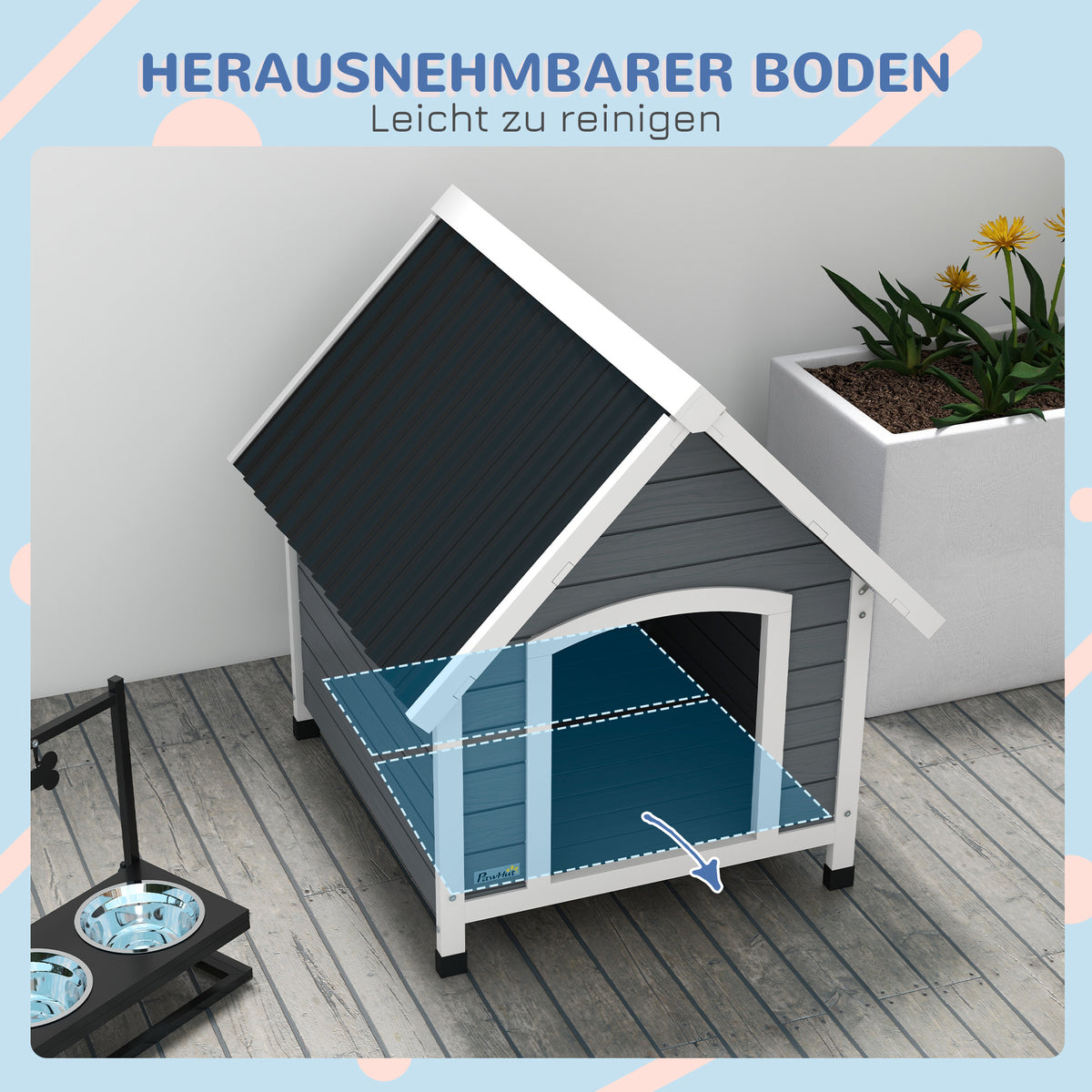 PawHut Hundehütte, wetterfest, herausnehmbarer Boden, Tannenholz, 75x88x82 cm, Grau/Schwarz