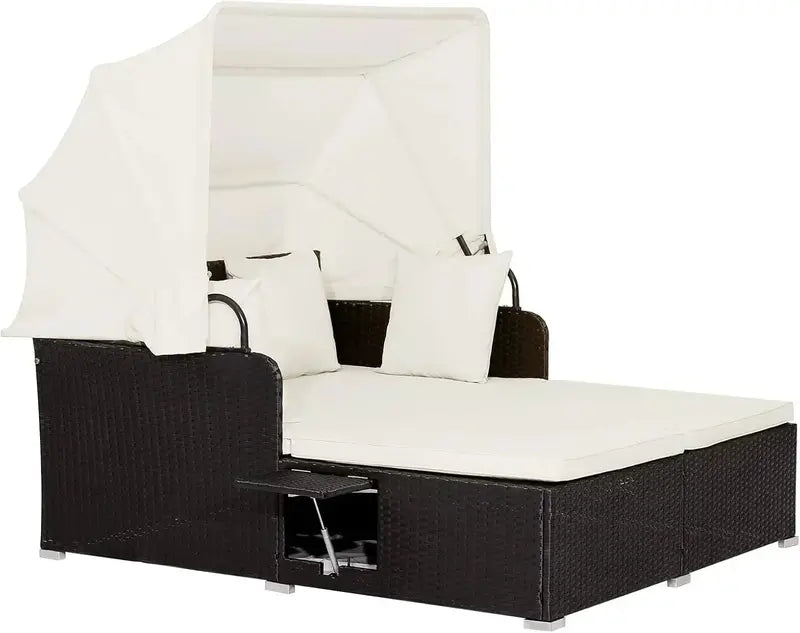 RELAX4LIFE Outdoor Wicker Daybed — Patio Sunbed with Removable Canopy & Four Cushion Pillows