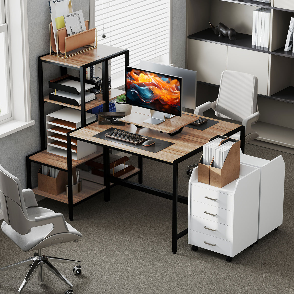 HOMCOM Computertisch mit Monitorständer, Schreibtisch mit 4-stufigem Regal, Industrielles Design, Braun