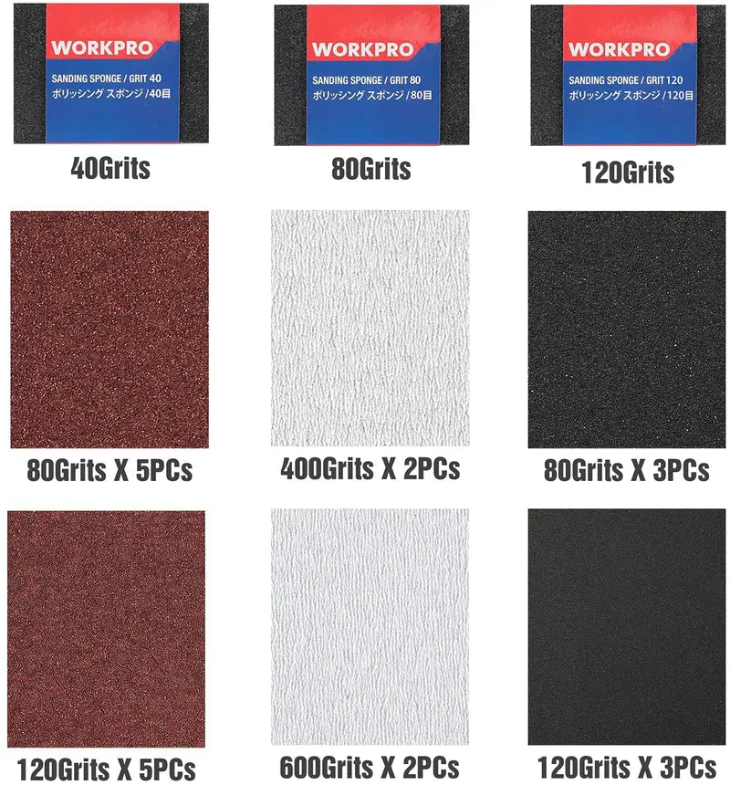 WORKPRO Assorted Sandpaper Pack – 24 Sheets (80–600 Grit) with Sanding Holder