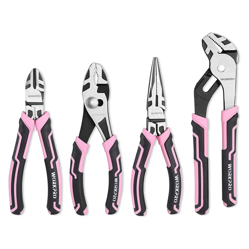 WORKPRO 4-Piece Pink Pliers Set – Ergonomic Grip Tools with Pink Ribbon Packaging
