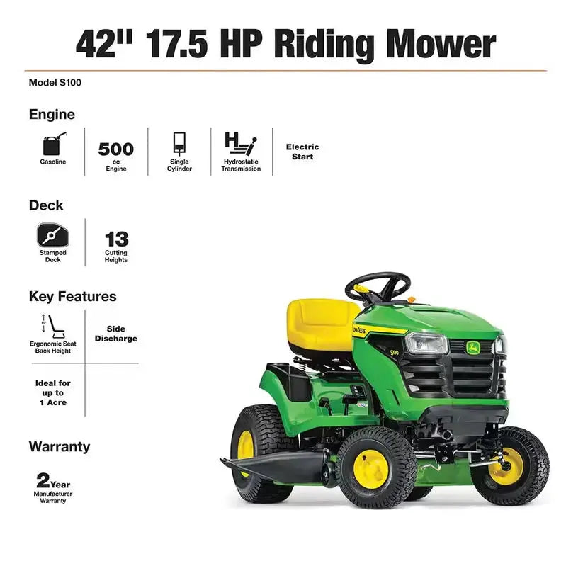 John Deere S100 Hydrostatic Riding Lawn Mower – 42-Inch Cut, 17.5 HP Gas Engine