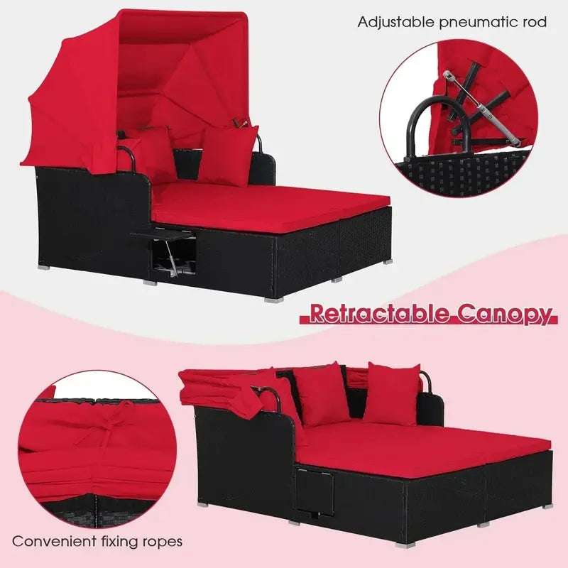 RELAX4LIFE Outdoor Wicker Daybed — Patio Sunbed with Removable Canopy & Four Cushion Pillows