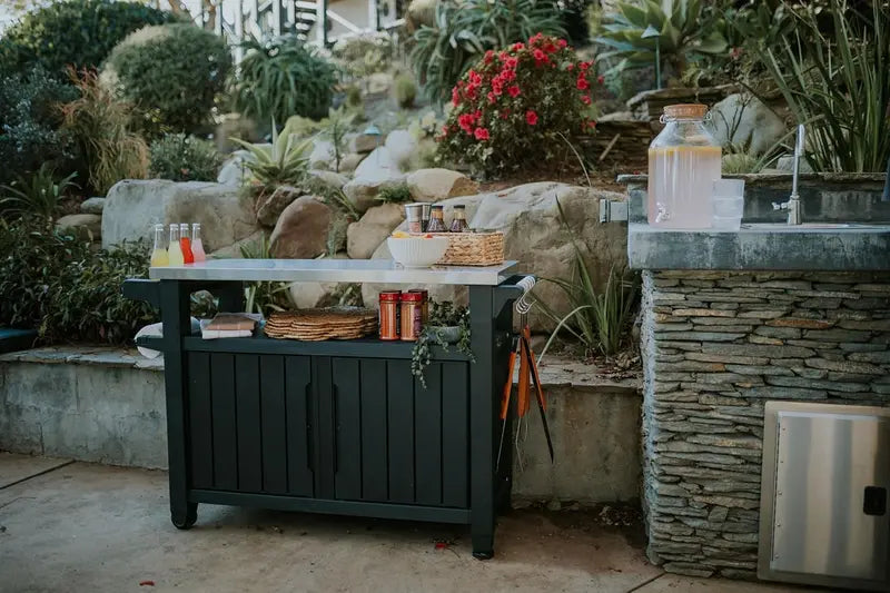 Rolling Outdoor Prep Table Cart – Dark Brown Stainless Steel-Top Utility Cart for Grilling, Bar Service, and Food Storage