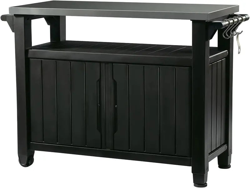Rolling Outdoor Prep Table Cart – Dark Brown Stainless Steel-Top Utility Cart for Grilling, Bar Service, and Food Storage