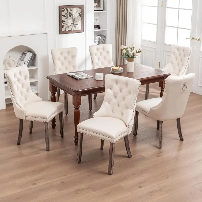 Set of 6 Beige Velvet Dining Chairs with Ring Pull and Nailhead Accents – Tufted Luxury Seating for Dining Room, Living Room, or Kitchen