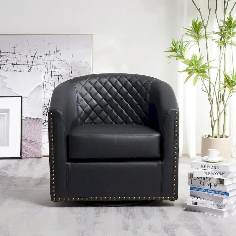 KINWELL Swivel Barrel Chair – 29″ Wide Tufted PU Leather Accent Seating with 360° Rotation