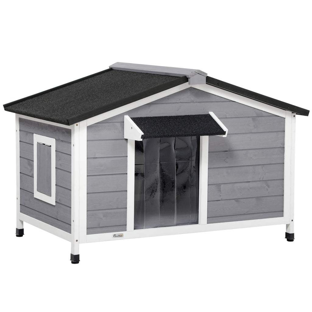 PawHut Hundehütte aus Massivholz, wetterbeständig, Asphaltdach, abnehmbarer Boden, 109 cm x 79 cm x 72 cm, Grau + Weiß