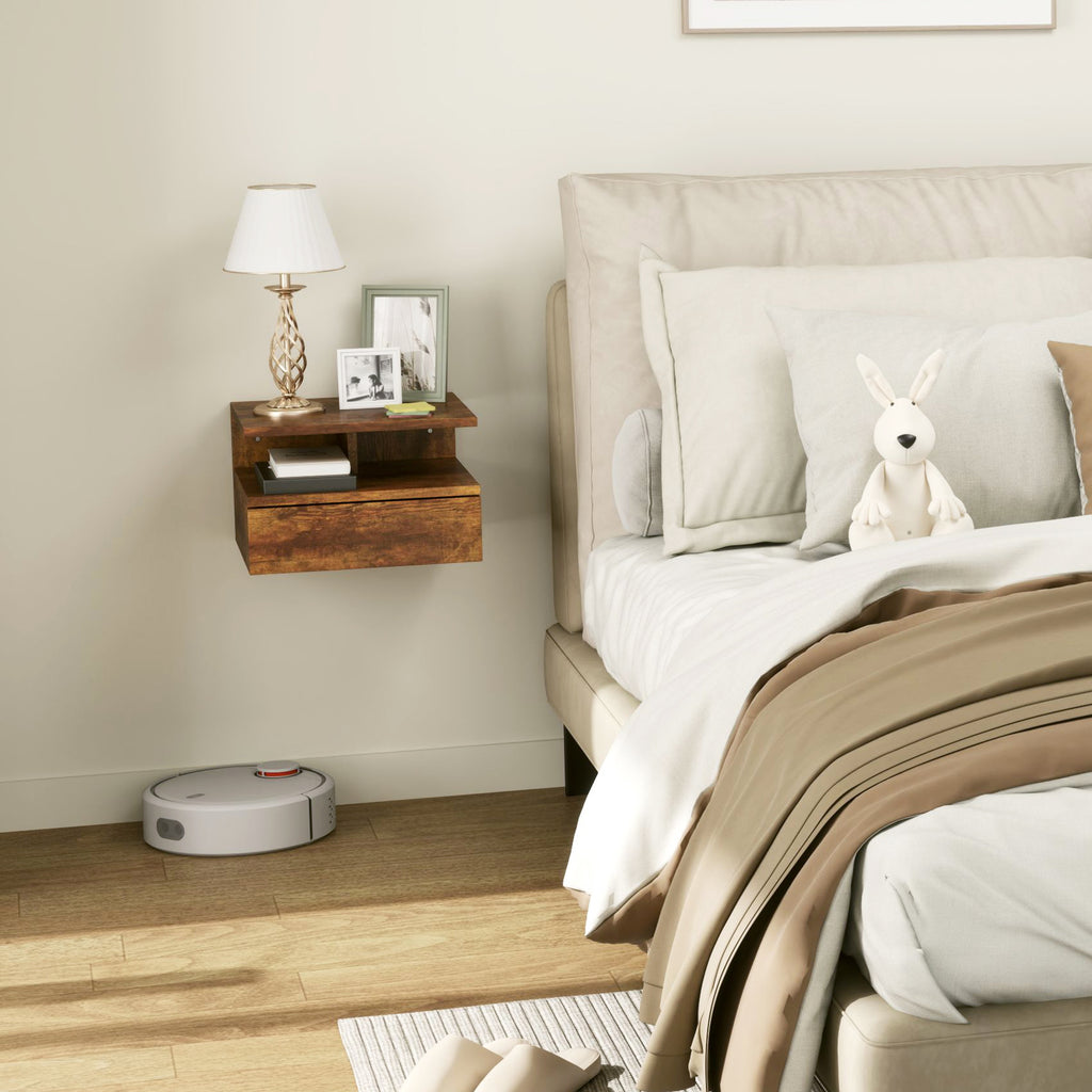 HOMCOM Set mit 2 Schwebende Nachttische für Schlafzimmer mit Schublade und Oberregal aus Holz 35x32x22.5cm, Rustikales Braun
