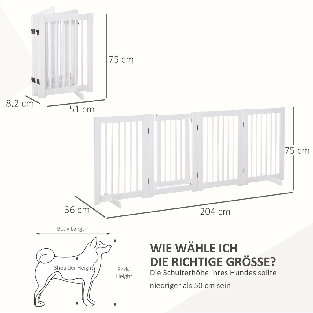 PawHut Absperrgitter Hund 4-teilig, 204 x 75 cm Faltbar Türschutzgitter mit Tür, Freistehend Hundegitter mit 2 Stützfüßen, Treppengitter aus Holz für Flur, Küche, Treppe, Weiß
