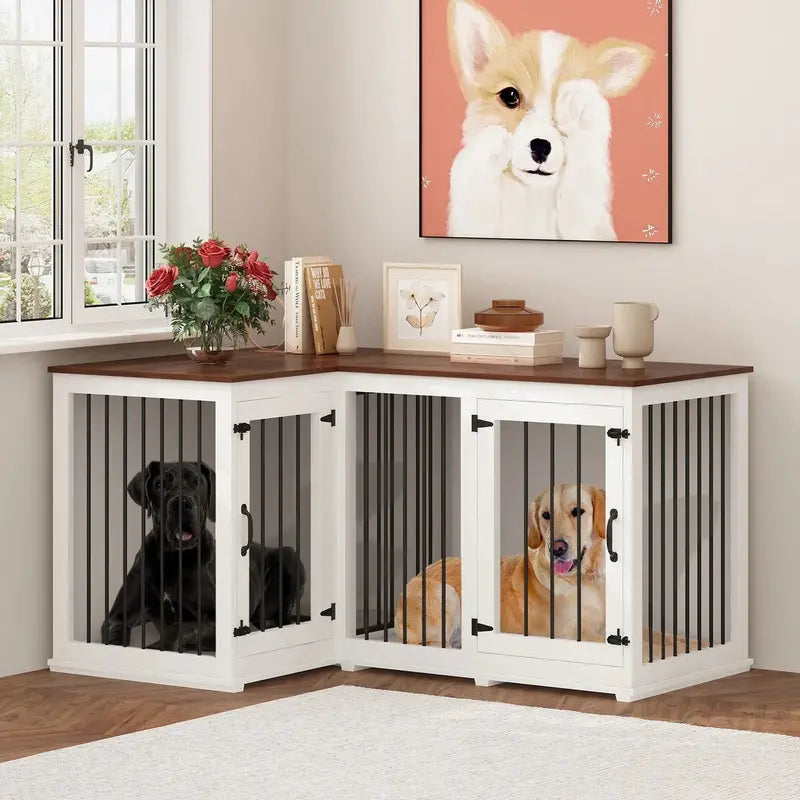 L-Shaped Corner Dog Crate Furniture – Dual-Dog Capacity, 58.7″ x 41.1″, Stylish Enclosed Design