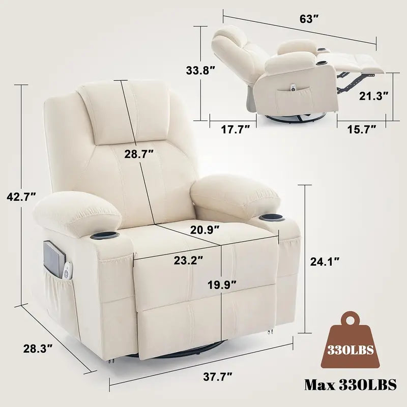 Large Swivel Rocking Recliner Sofa – Single-Seat Heated & Massaging Lounge Chair