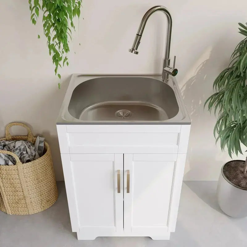 Laundry Sink Cabinet Combo – Stainless Steel Utility Sink with Pull-Down Faucet and Storage Base