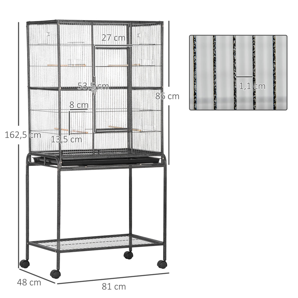PawHut Vogelkäfig Portable mit 4 Futternäpfen und 4 Holzstangen Praktisch 77 x 47 x 163 cm Schwarz und Grau