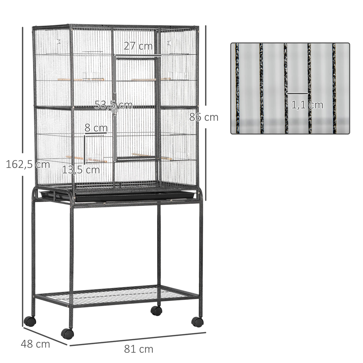 PawHut Vogelkäfig Portable mit 4 Futternäpfen und 4 Holzstangen Praktisch 77 x 47 x 163 cm Schwarz und Grau