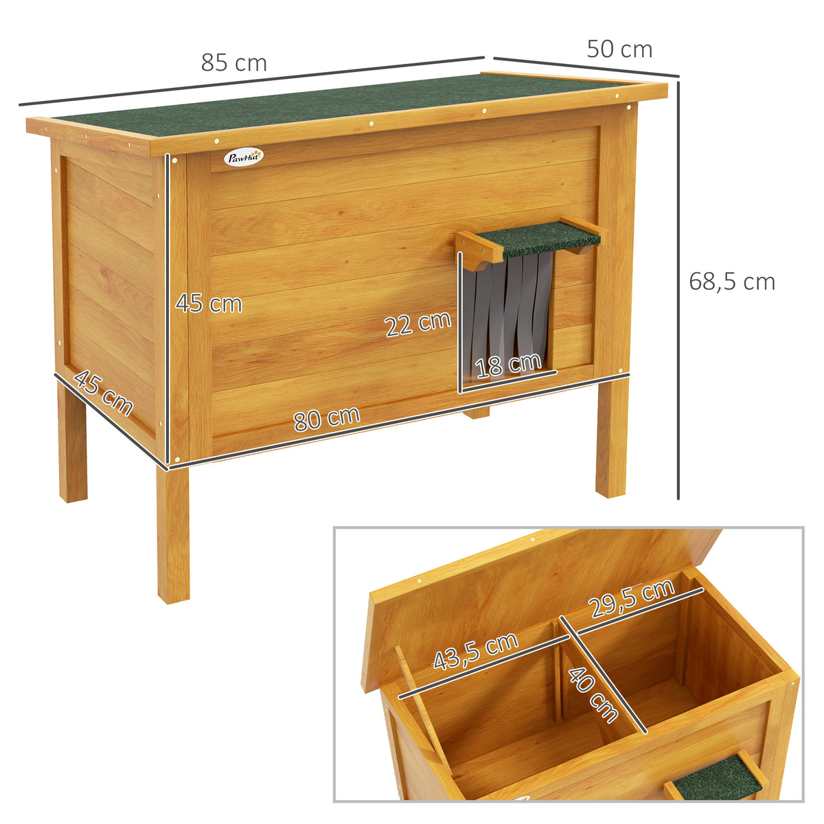 PawHut Katzenhaus Nische für draußen aus erhöhtem Holz mit klappbarem Dach isoliert 85 x 50 x 68,5 cm naturgrün