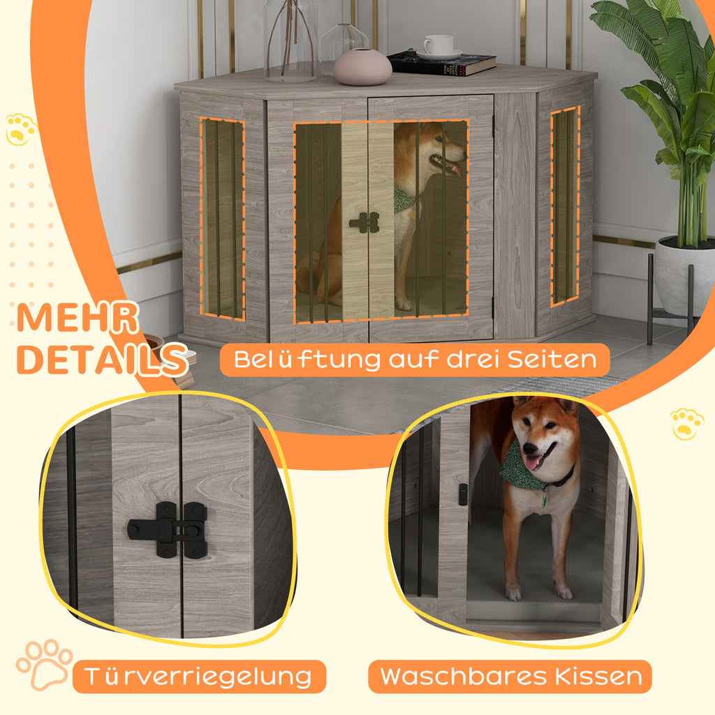 PawHut Hundebox, Hundekäfig, Eckdesign, inkl. Verriegelung, 1 Liegekissen, 104 x 55 x 63 cm, Braun
