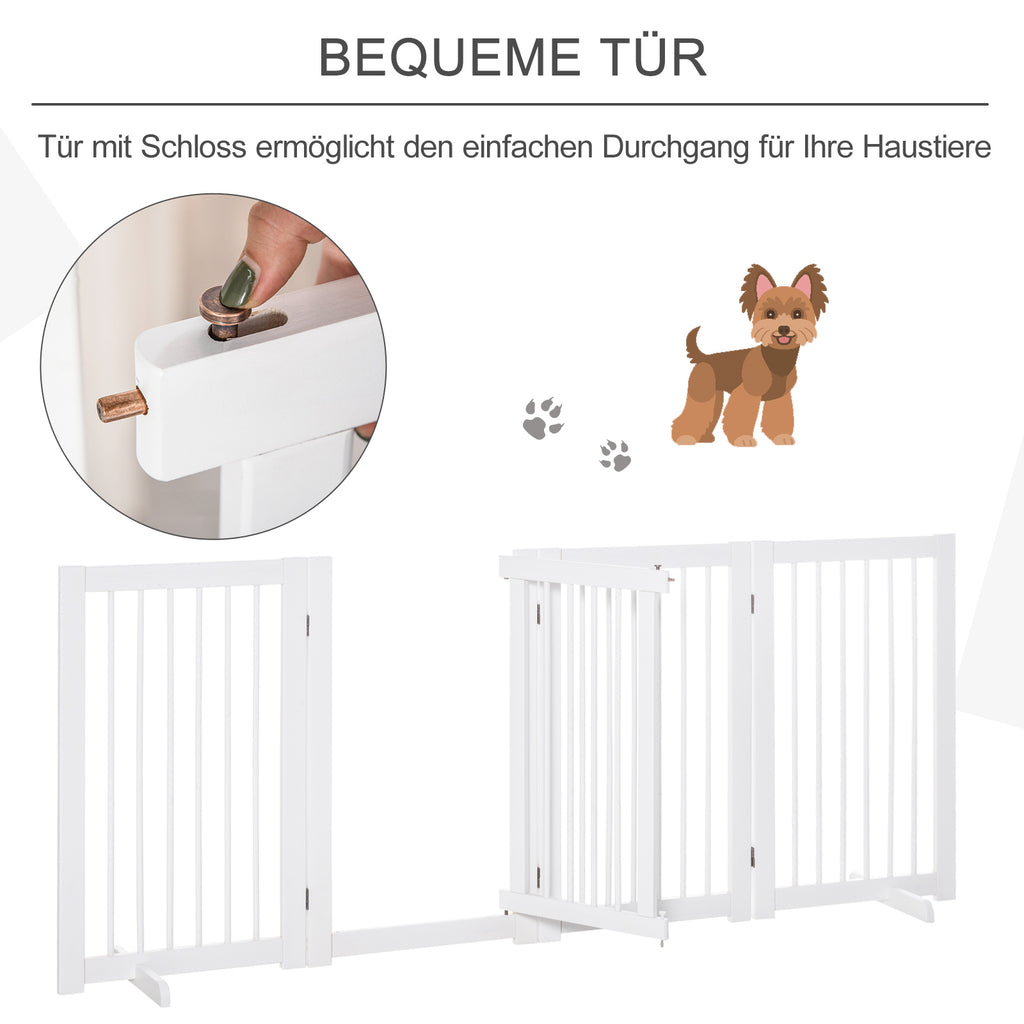 PawHut Absperrgitter Hund 4-teilig, 204 x 75 cm Faltbar Türschutzgitter mit Tür, Freistehend Hundegitter mit 2 Stützfüßen, Treppengitter aus Holz für Flur, Küche, Treppe, Weiß