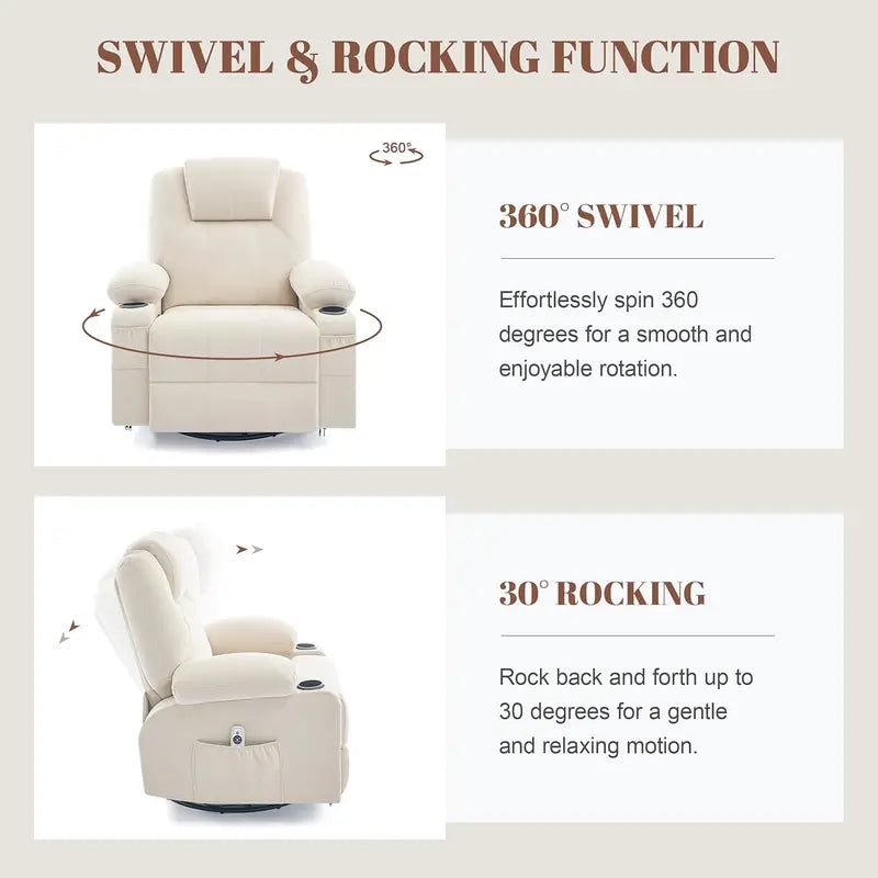 Large Swivel Rocking Recliner Sofa – Single-Seat Heated & Massaging Lounge Chair