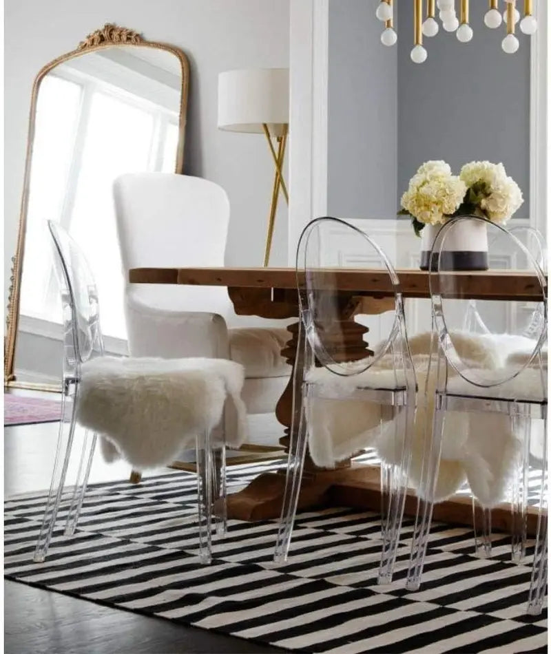 Set of Two Philippe Starck–Inspired Ghost Chairs: Transparent Polycarbonate Design, Stackable, Ergonomic, and Suitable for Indoor or Outdoor Use