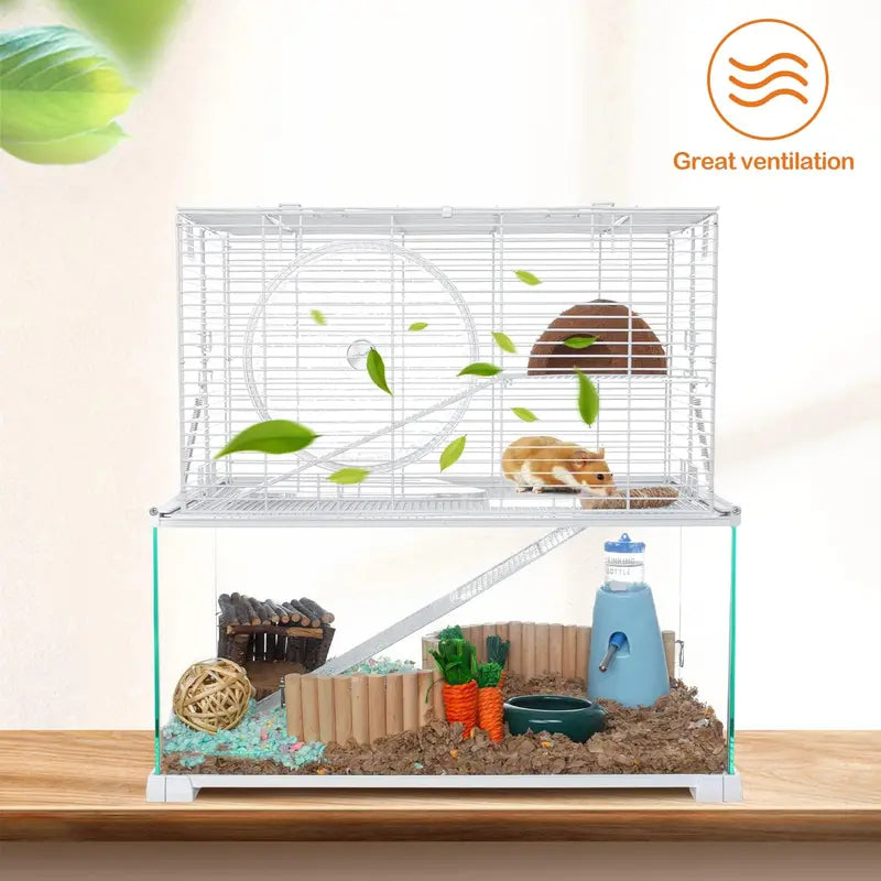 Large 3-Tier Hamster Habitat – Glass Base with Wire Topper, Ramps, Ladders & Waterproof Tray