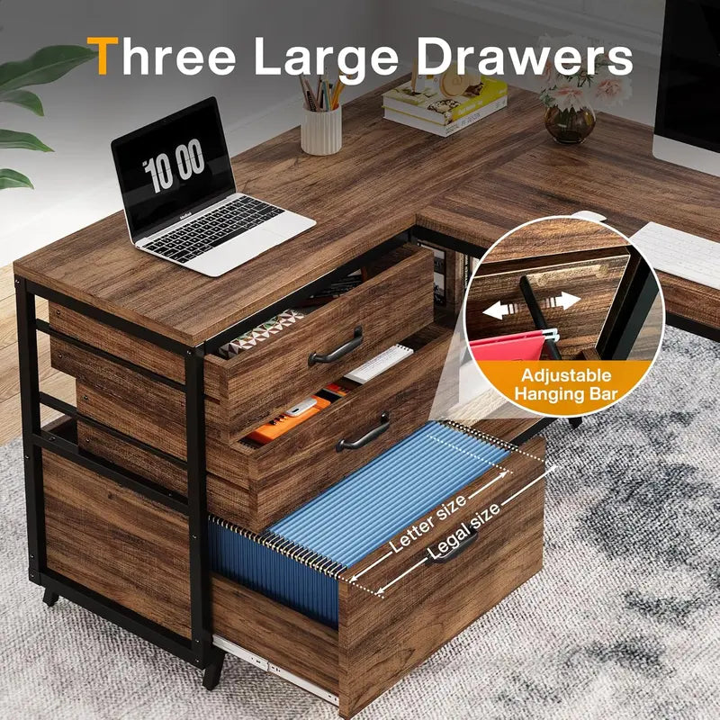 Reversible L-Shaped Industrial Computer Desk – 53-Inch Rustic Brown Home Office Workstation with 3 Drawers and Open Shelving