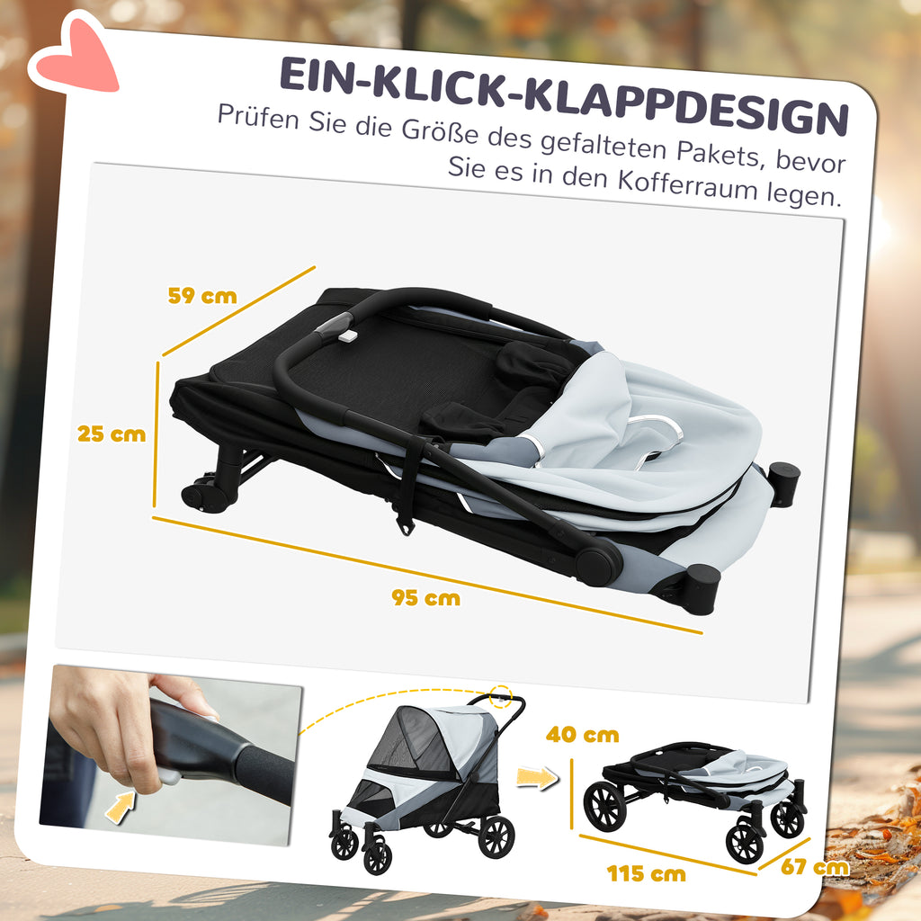 PawHut Hundewagen, Faltbarer Hundebuggy für große Hunde, Haustierwagen mit 4 Rädern, Sicherheitsleinen, Bremsen, Grau