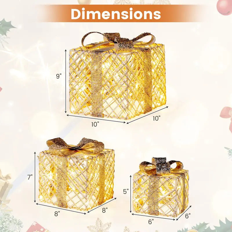 Set of Three Lighted Gift Box Ornaments — 90 LEDs Total, Festive Bow Accents for Indoor or Outdoor Use
