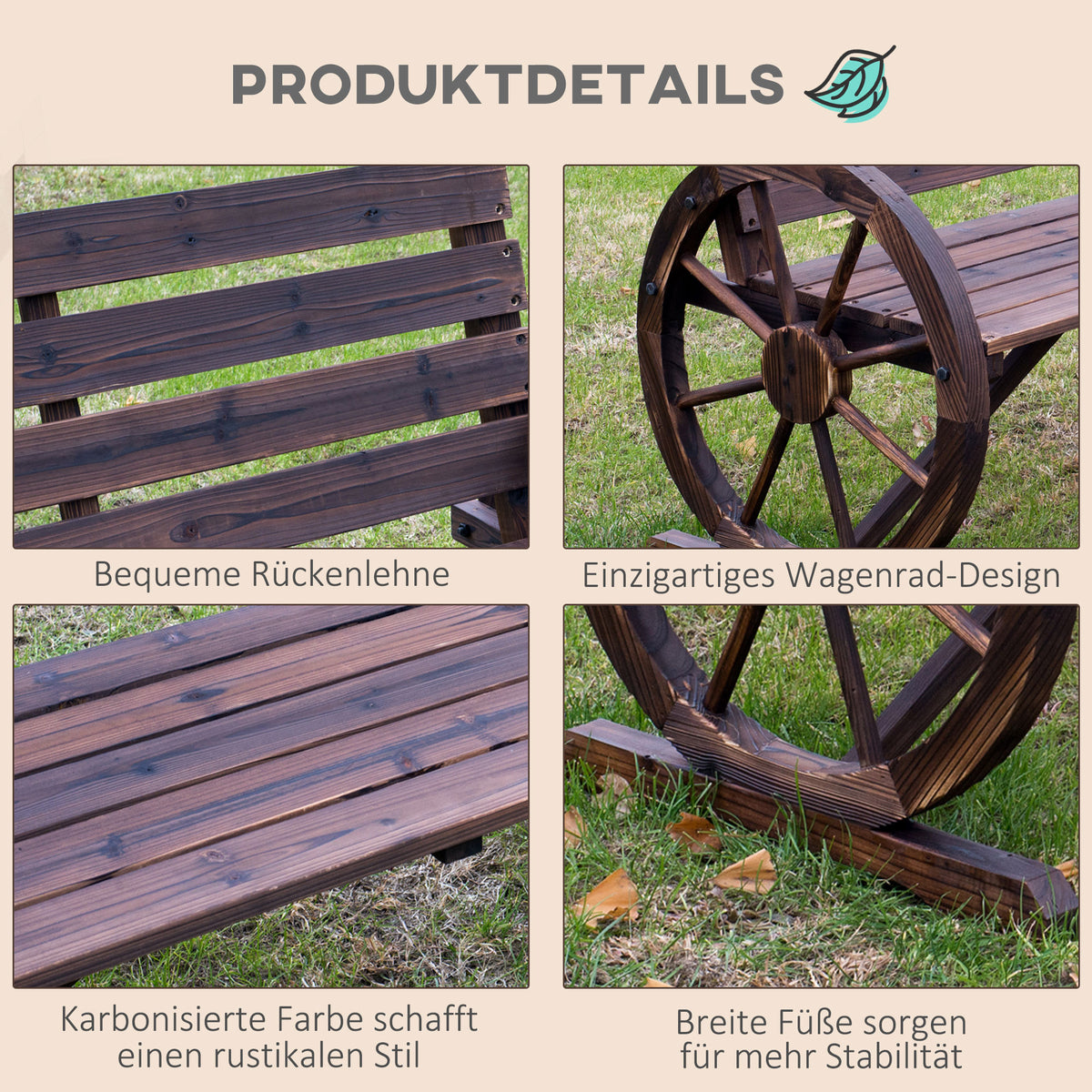 Outsunny Gartenbank 2-Sitzer Sitzbank Holzbank Wagenrad mit Armlehne Landhausstil Tannenholz Braun 105,5 x 59 x 75 cm