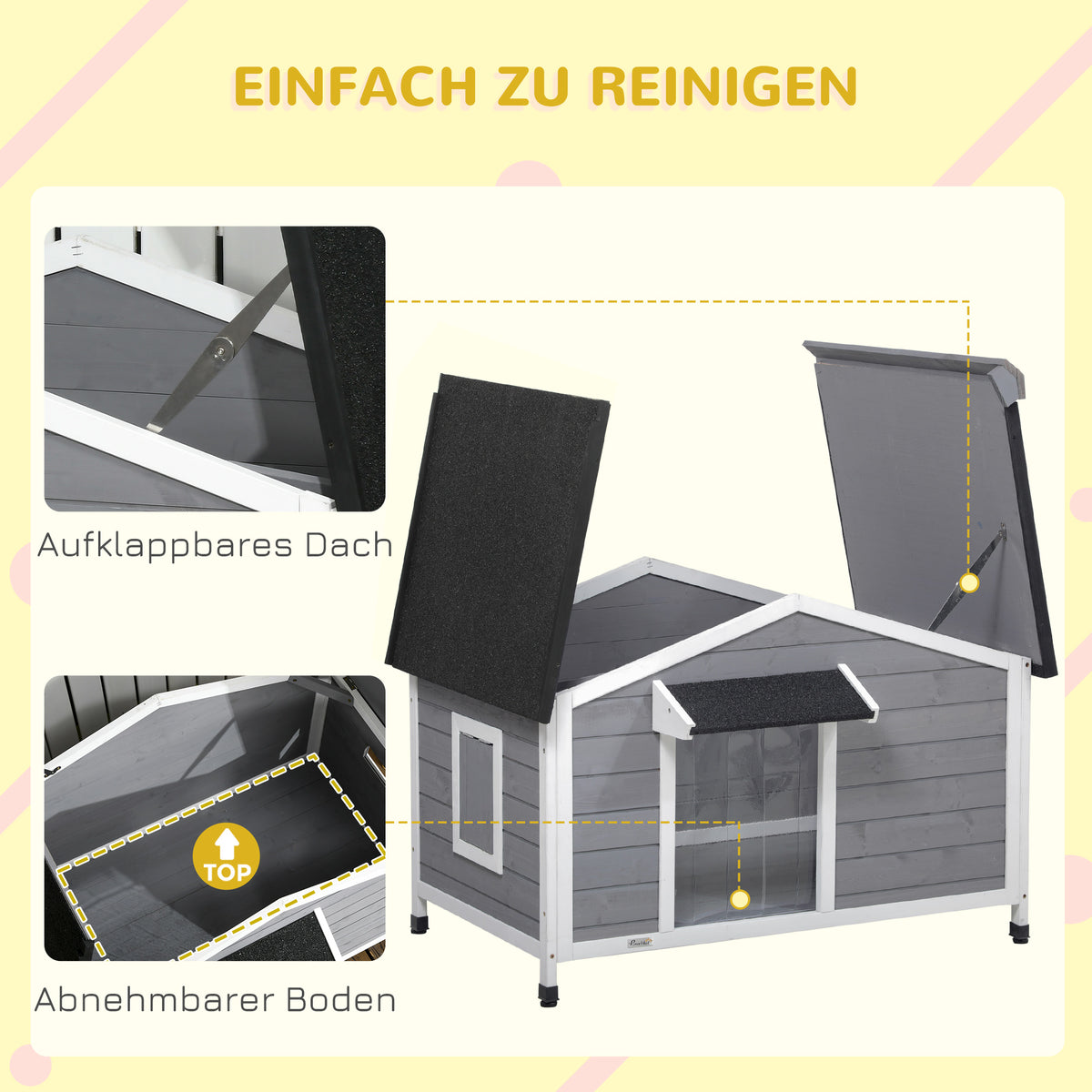 PawHut Hundehütte aus Massivholz, wetterbeständig, Asphaltdach, abnehmbarer Boden, 109 cm x 79 cm x 72 cm, Grau + Weiß