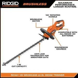 RIDGID 18V Brushless 22″ Hedge Trimmer Kit with 2.0 Ah Battery & Charger